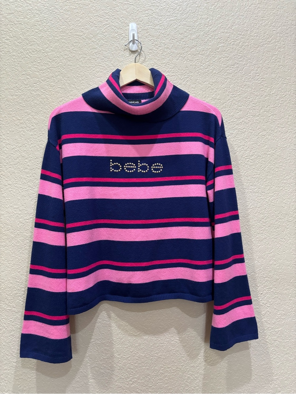 RARE VTG Y2K Bebe Striped Studded Logo Turtleneck Sweater Pink Navy Blue Medium